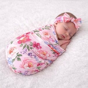Posh Peanut Pink Floral Swaddle Headwrap Set Newborn Baby Girl NWT Original Box